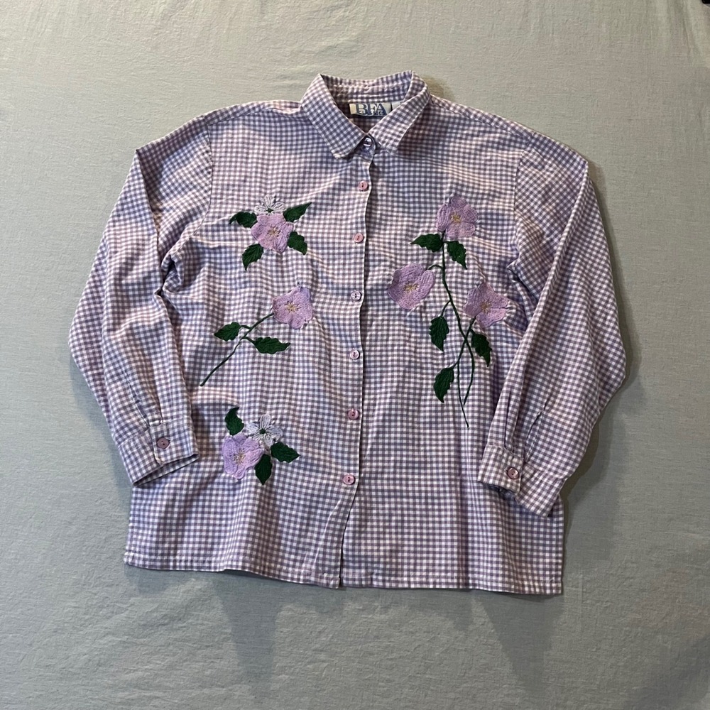BFA Classics Womens Purple Gingham Floral Embroidered Cotton Button Down Shirt L